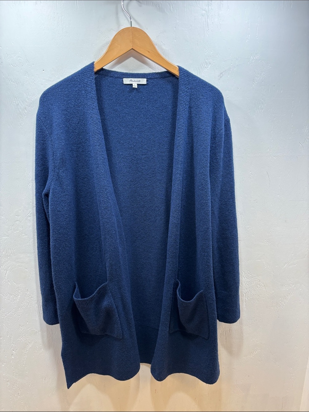 Madewell Blue Kent Cardigan Coziest Yarn Wool Alpaca Open Front Sweater Pockets